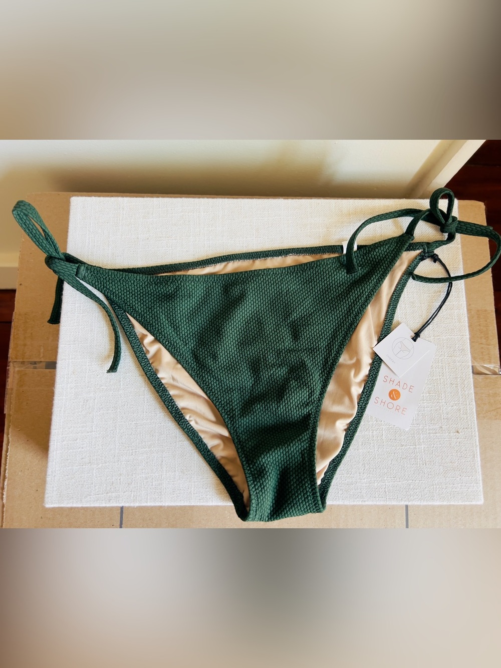 Dark Green Textured Tie-Side Bikini Bottom